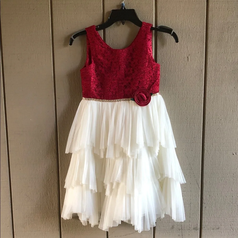 American Princess Red and White Tiered Lace Party Dress for Girls